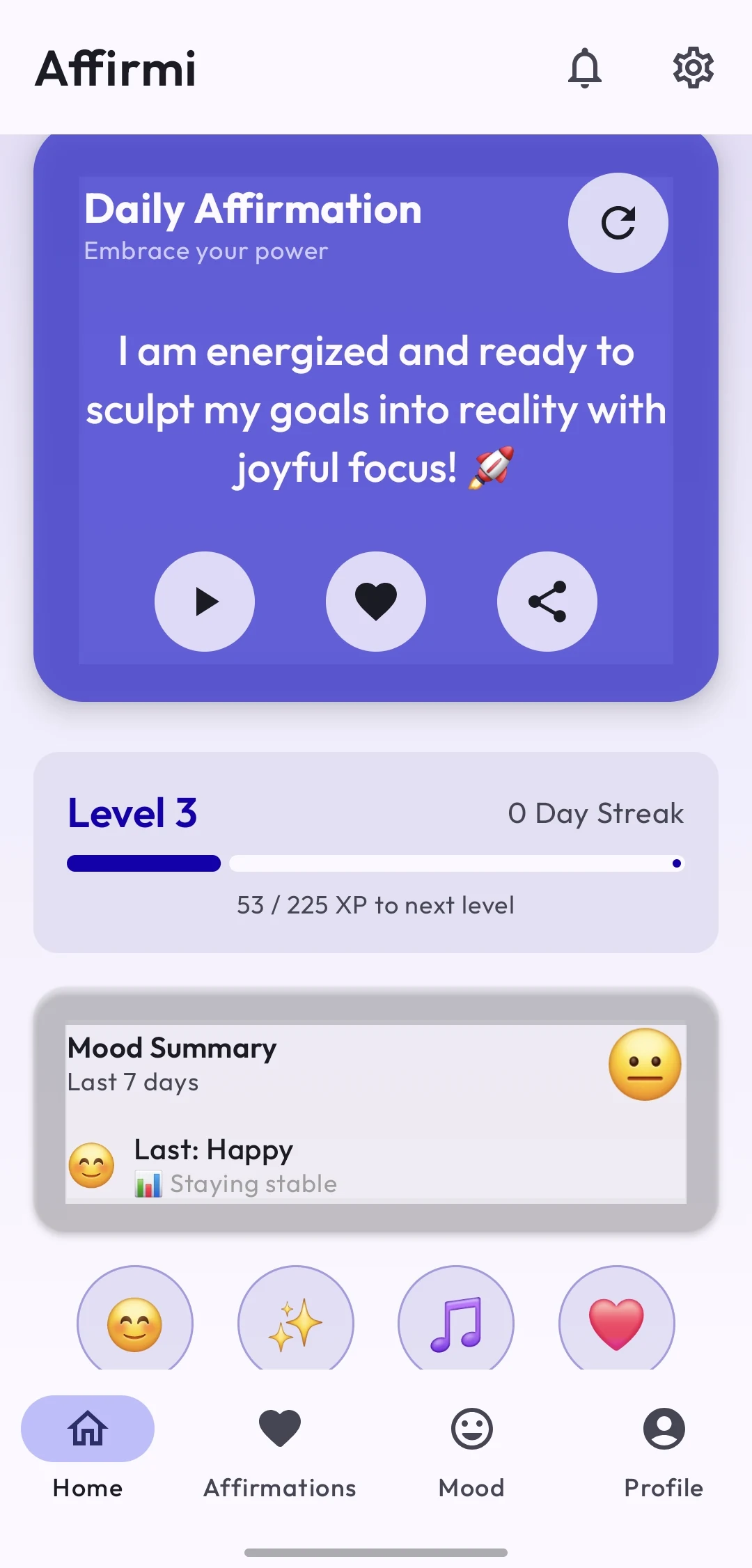 Affirmi dashboard with daily affirmation, progress, and mood summary